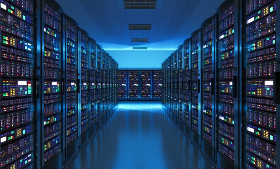 server room interior in datacenter in blue light