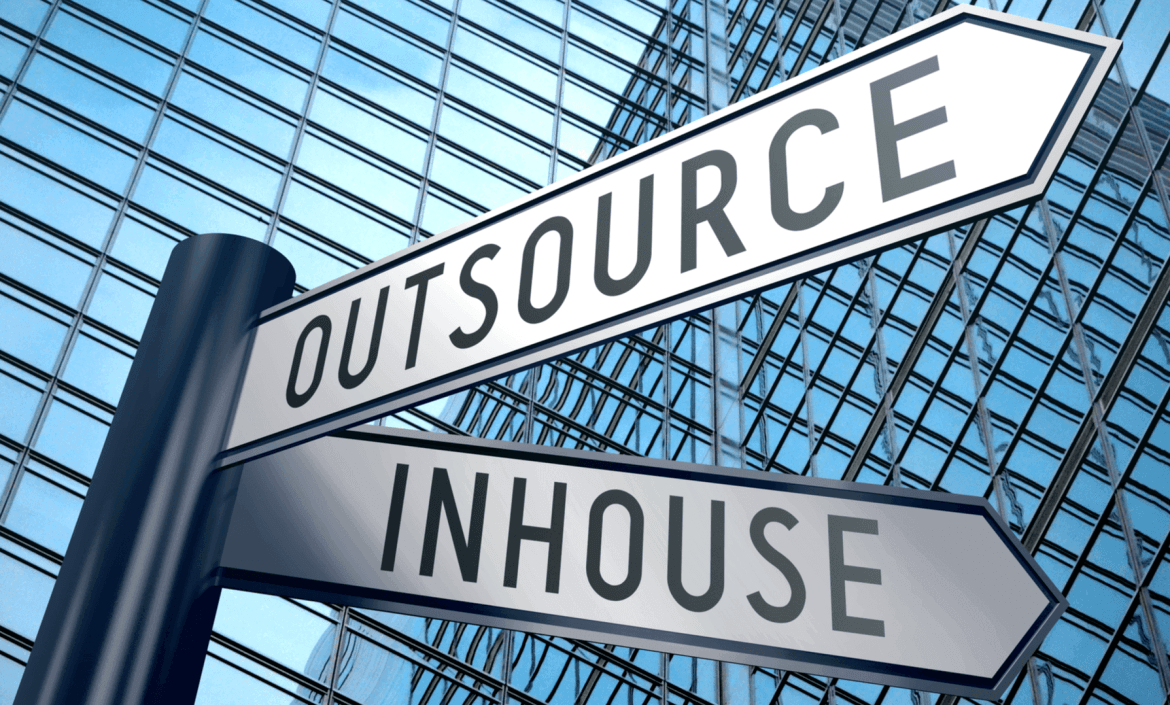 signpost illustration, two arrows - in-house, outsource. P