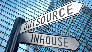signpost illustration, two arrows - in-house, outsource. P